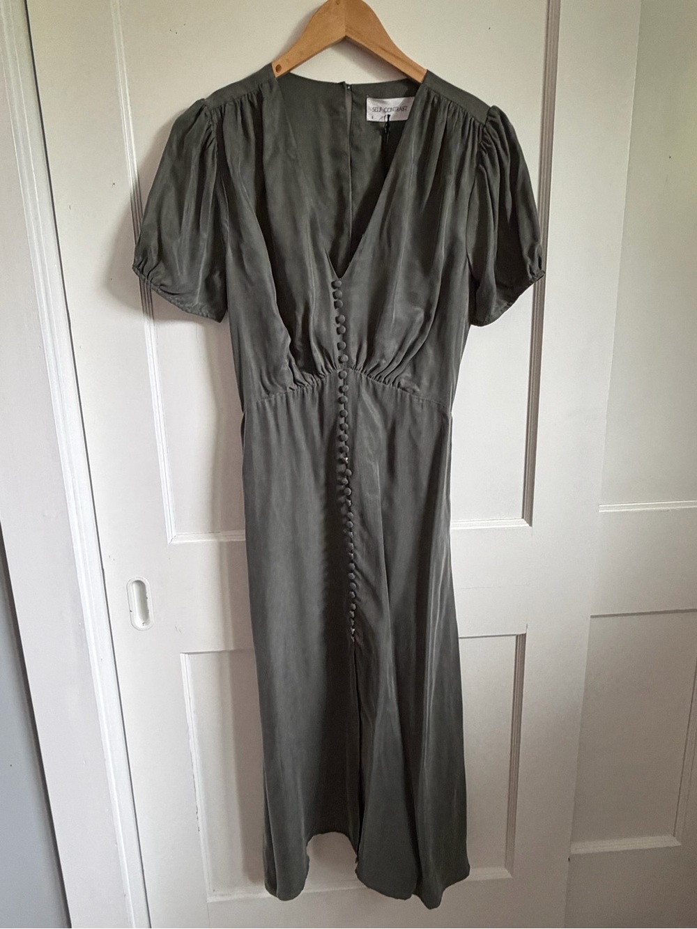 Olive Green Button-Front Midi Dress with Puff Sleeves